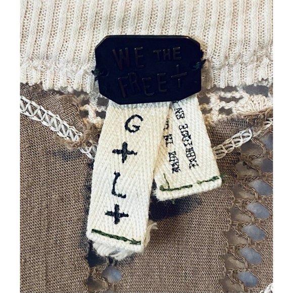 Free People Top Womens Large Waffle Knit Hi Low Hem Crochet Brown Ivory Boho - Picture 4 of 7